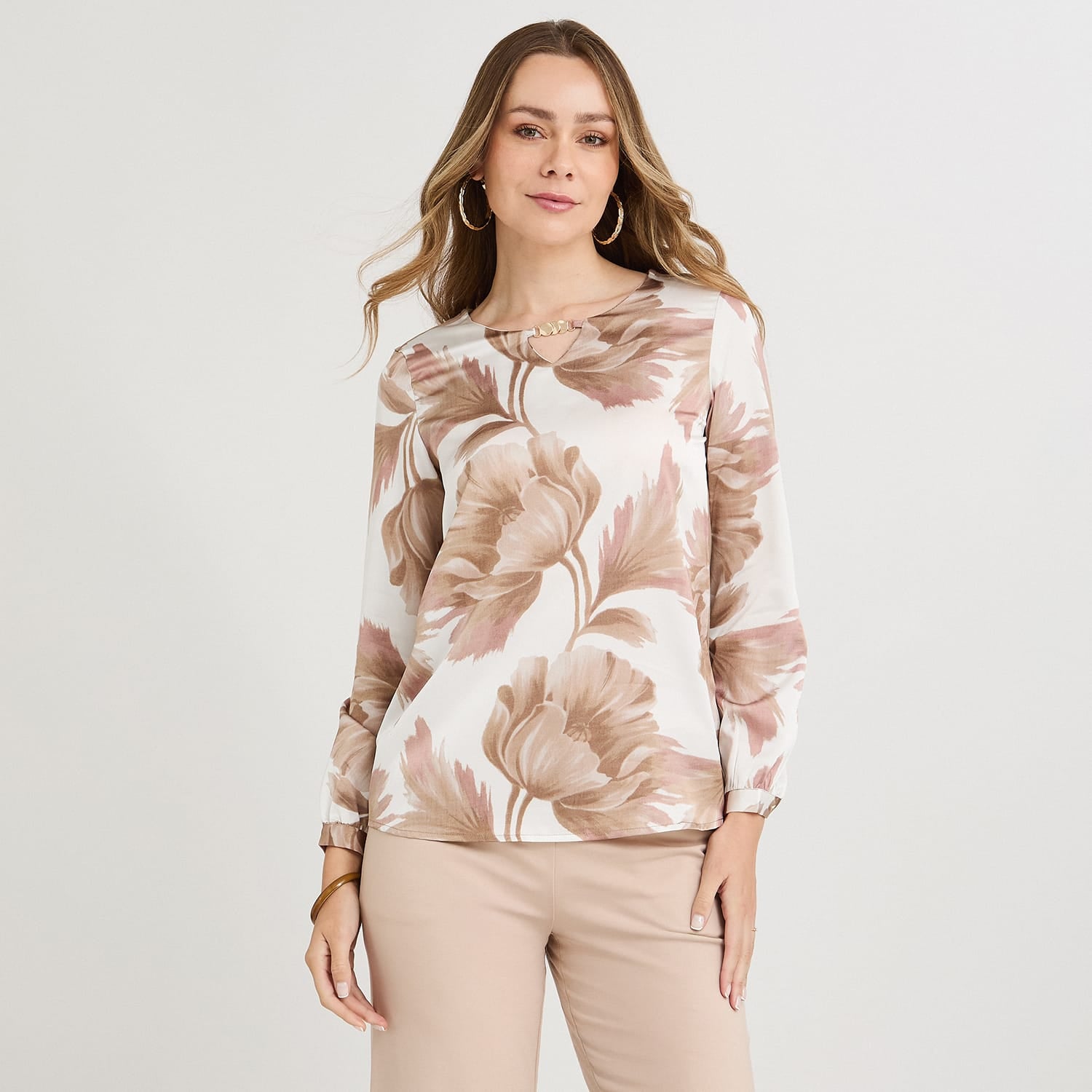 Polera Mix Fabric Print Frontal Beige